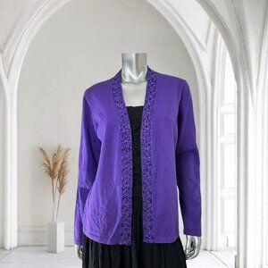 Jones New York Purple Open Cardigan Beaded Trim XL Knit Sweater
